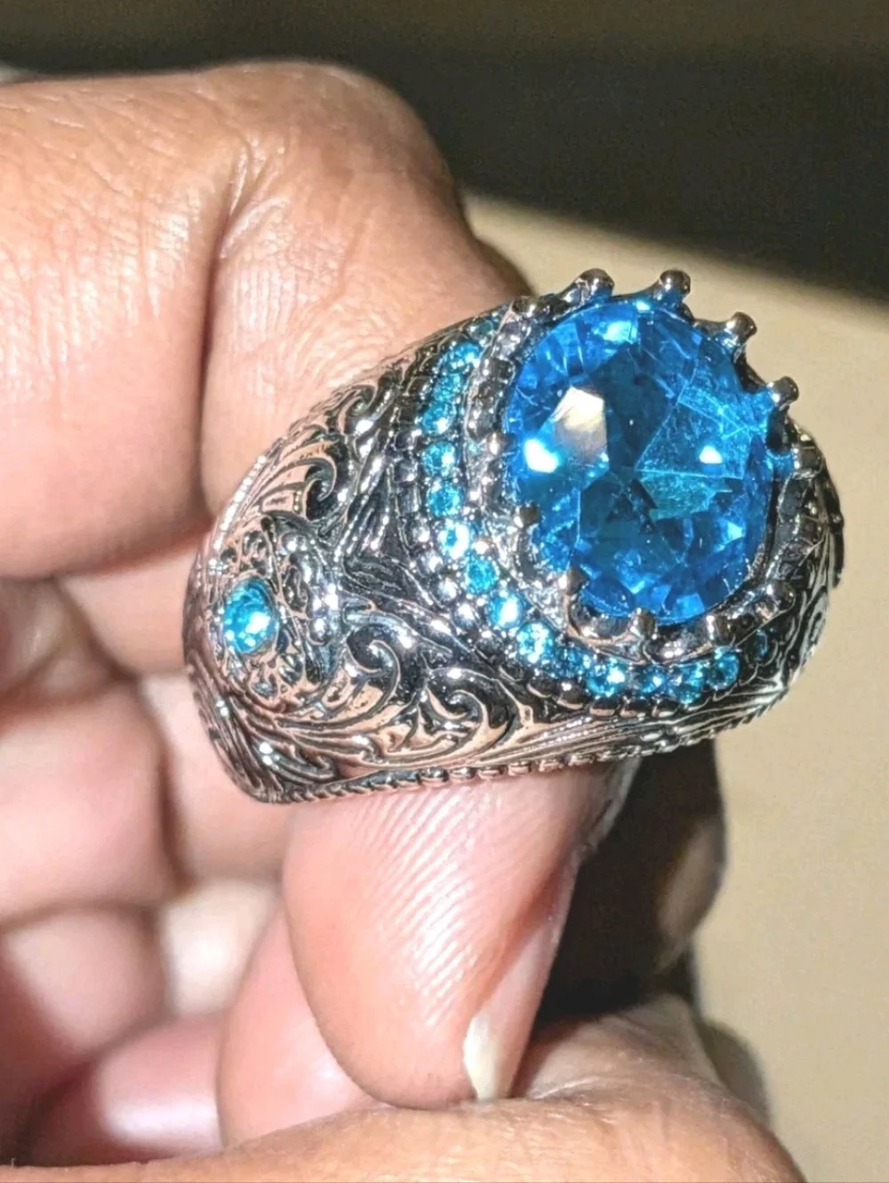 Men's Turkish Vintage Style Ring Silver Plated 5 Ct Lab-Created Sapphire Sz 10